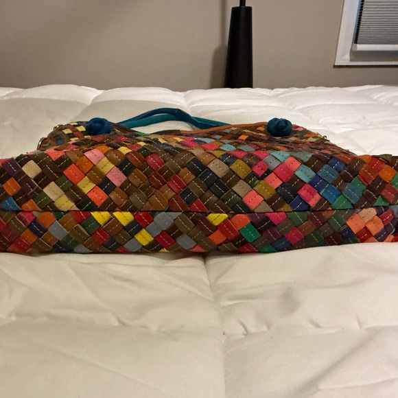 Multicolor Woven Tote with Blue Handles - Picture 3 of 6